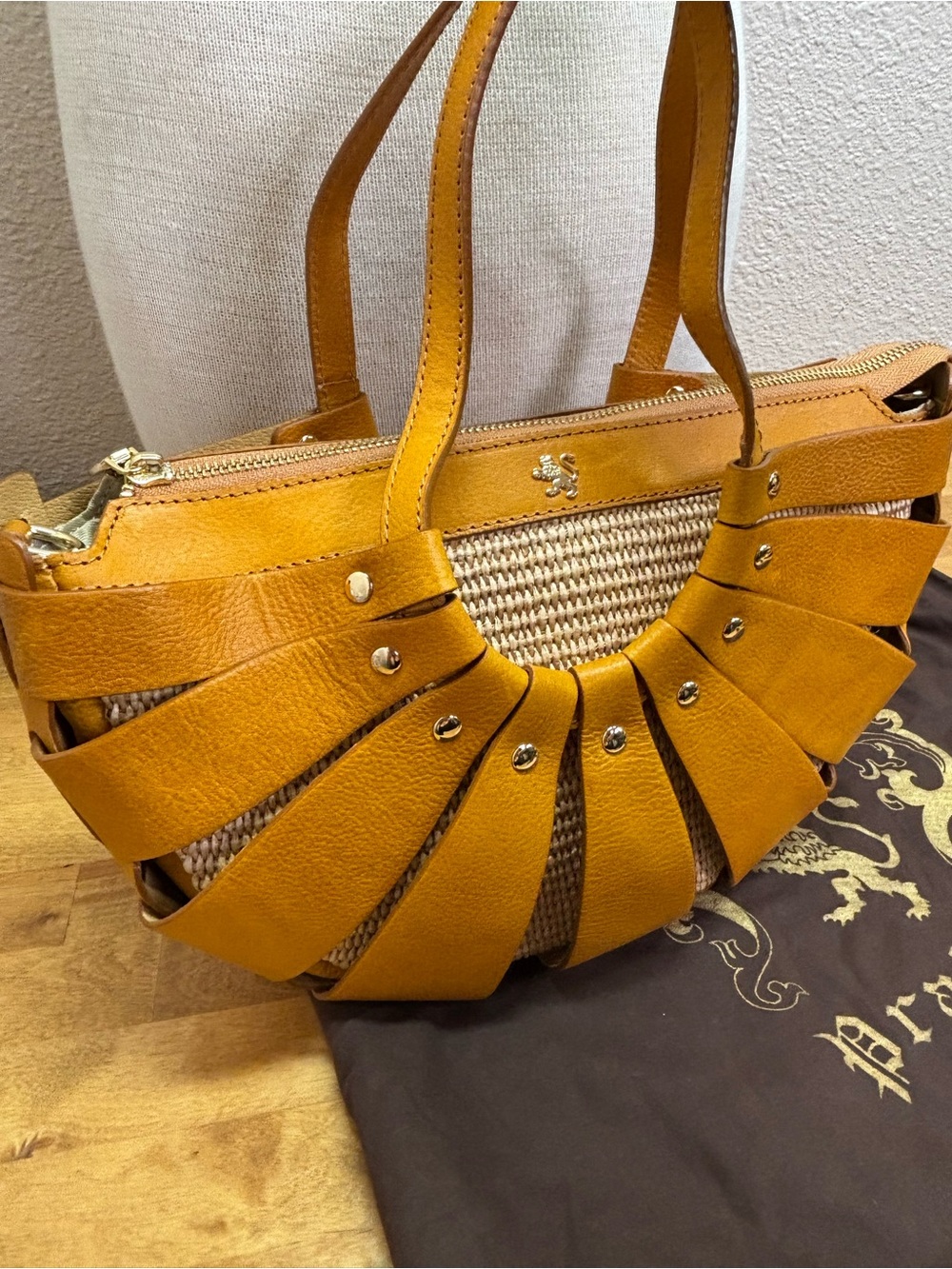 Pratesi Firenze Italian Leather Straw Fan Cage Satchel Shoulder Bag Yellow - Picture 11 of 15